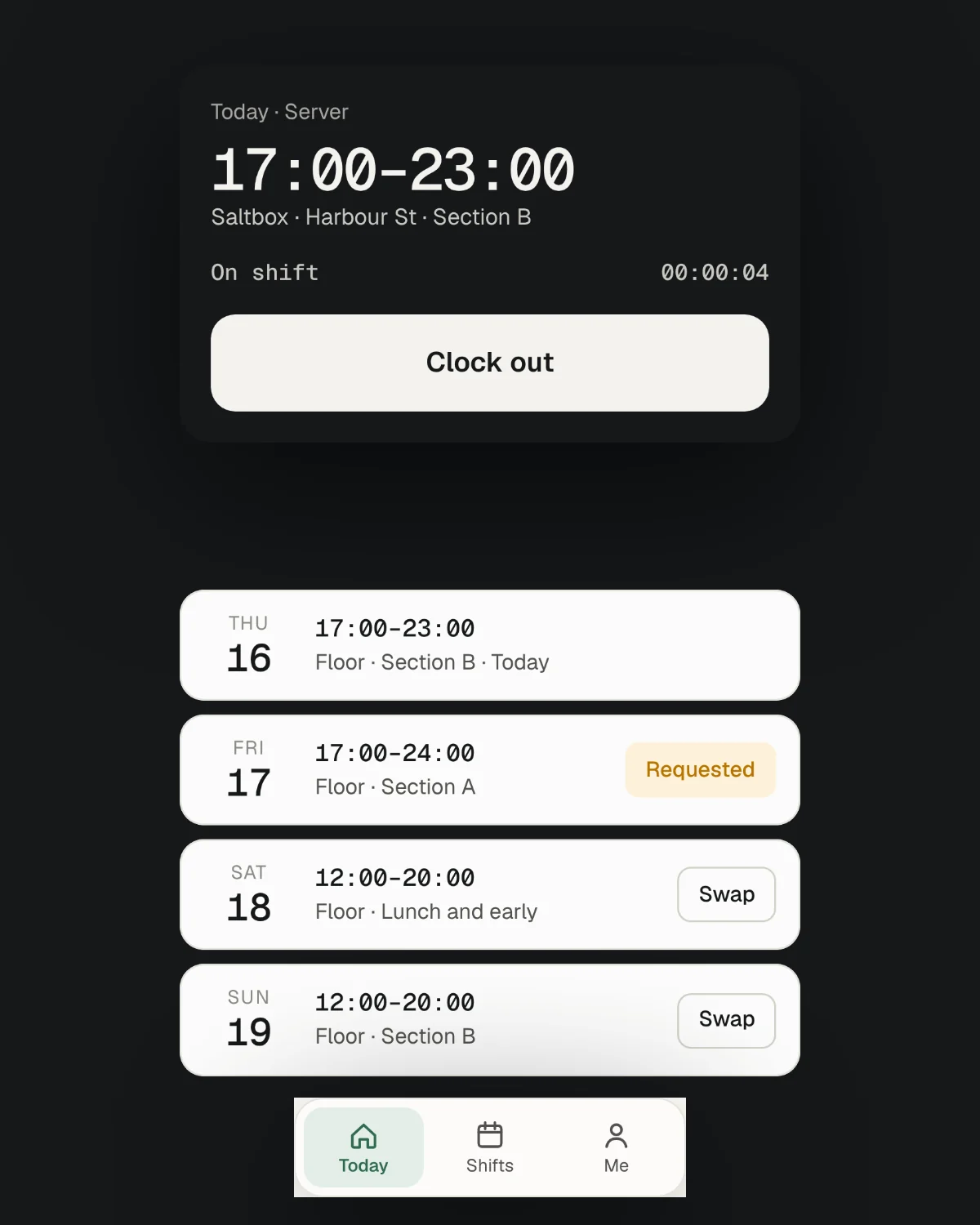 The Mise staff app: a clock-in card with a running timer and the week’s shifts with a swap request