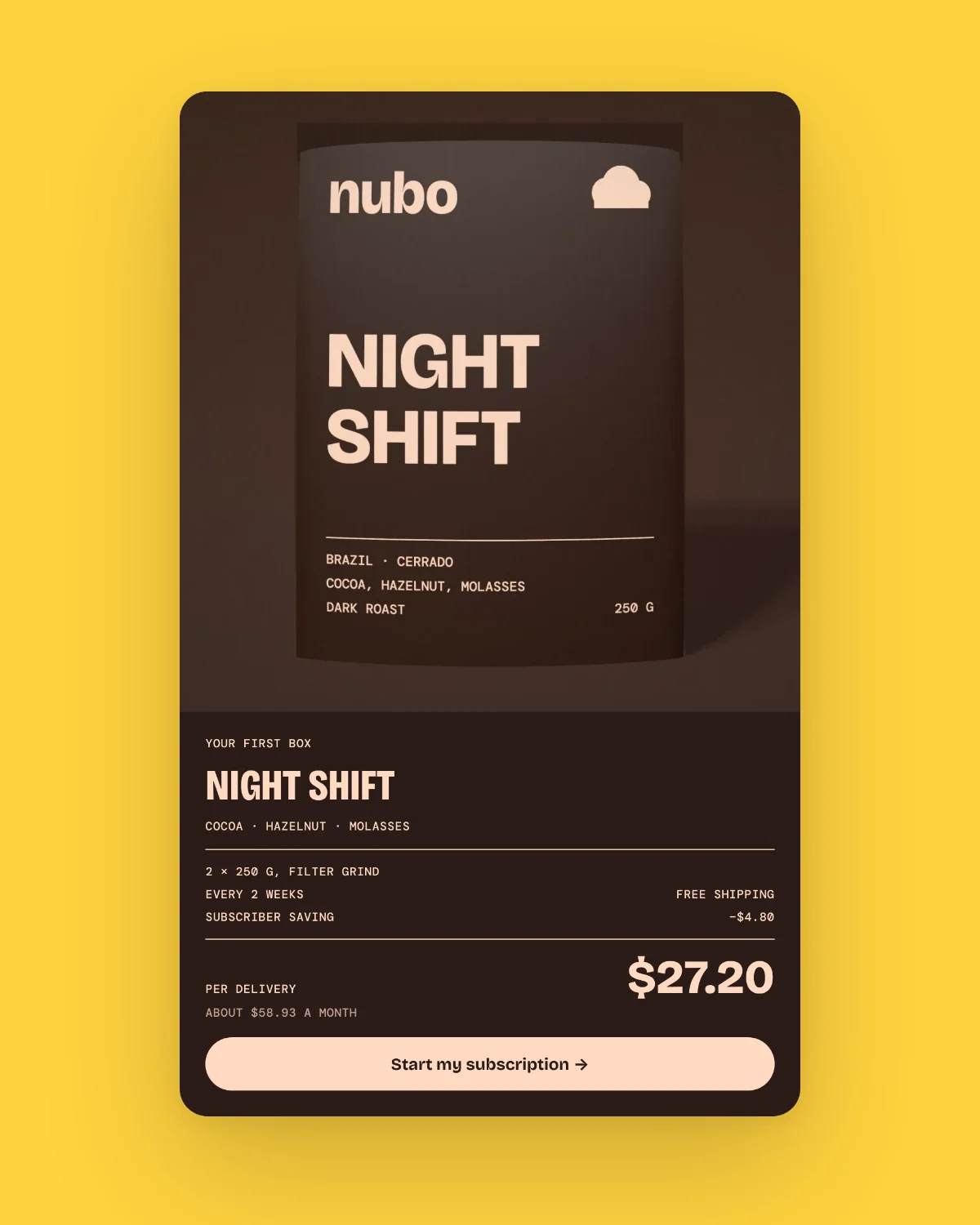 The Nubo subscription summary for Night Shift: two bags every two weeks, $27.20 per delivery