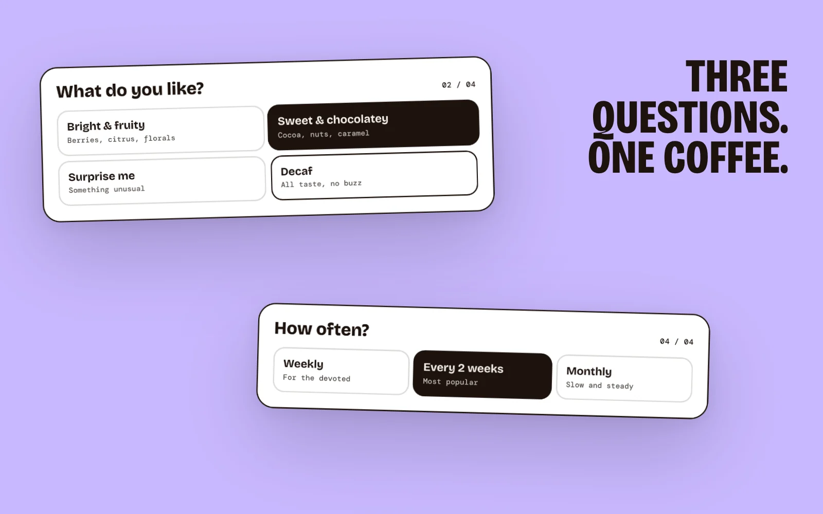 Two steps of the Nubo subscription builder on lilac, with the line Three questions, one coffee