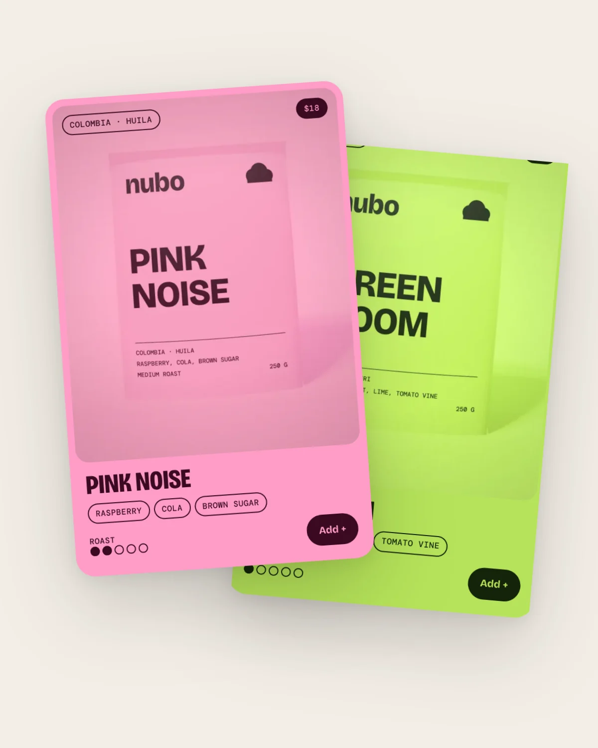 Two Nubo coffee cards, Pink Noise and Green Room, tilted on cream