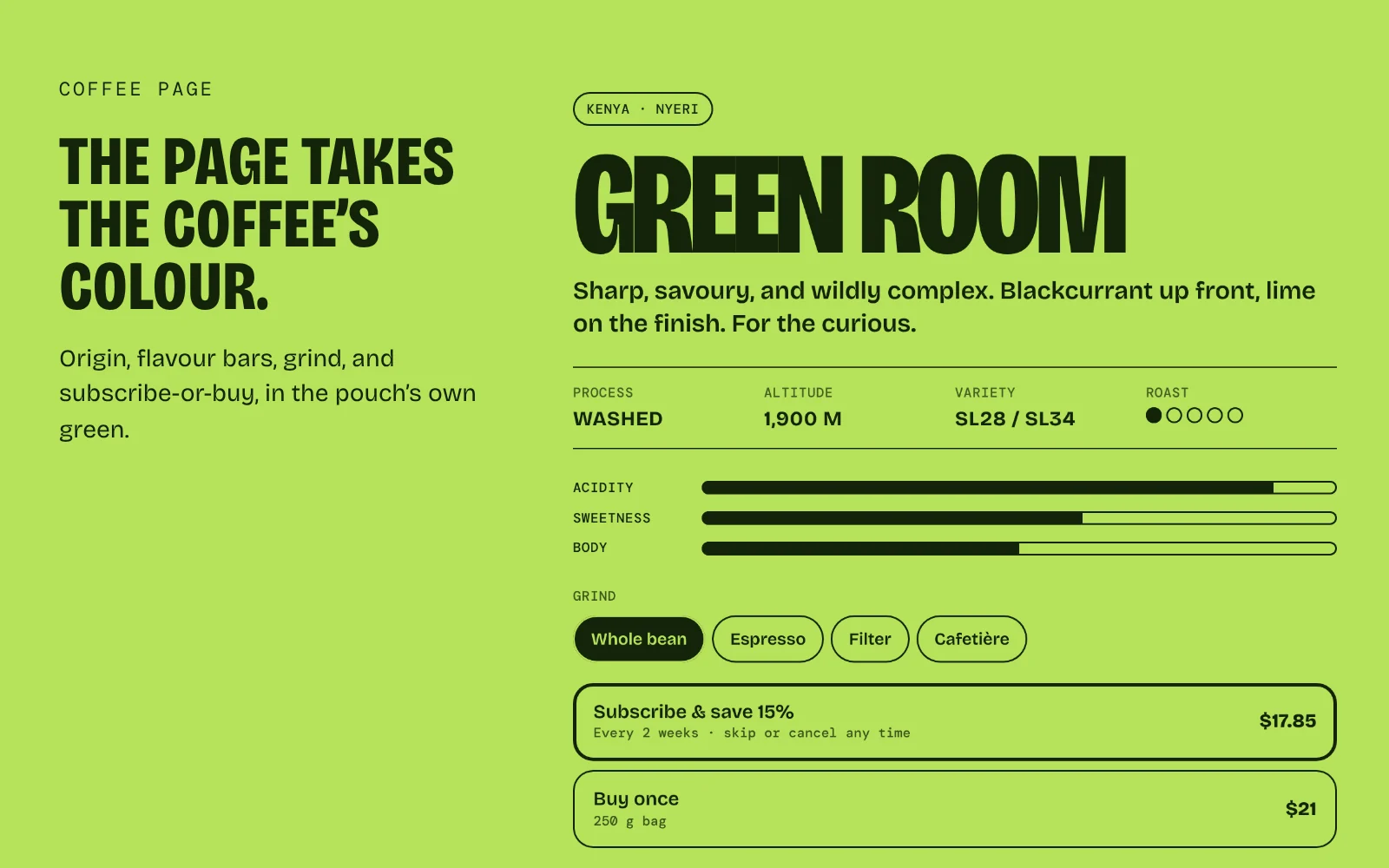 A Nubo coffee page component in green: origin, flavour bars, grind, and subscribe or buy once