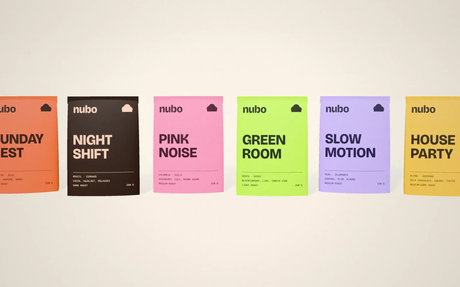 3D render of all six Nubo pouches in a row on cream