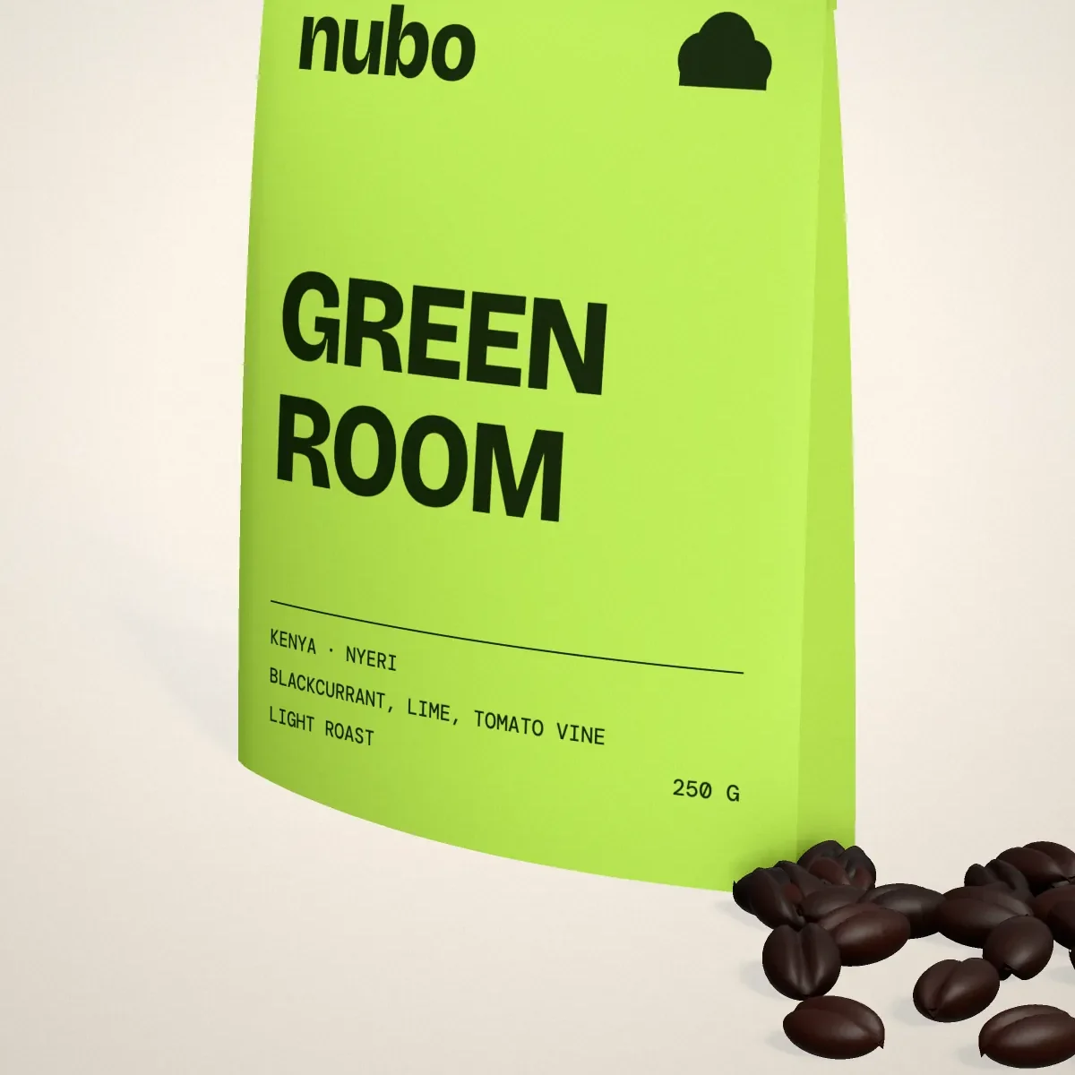3D render of the Green Room pouch at an angle with roasted beans