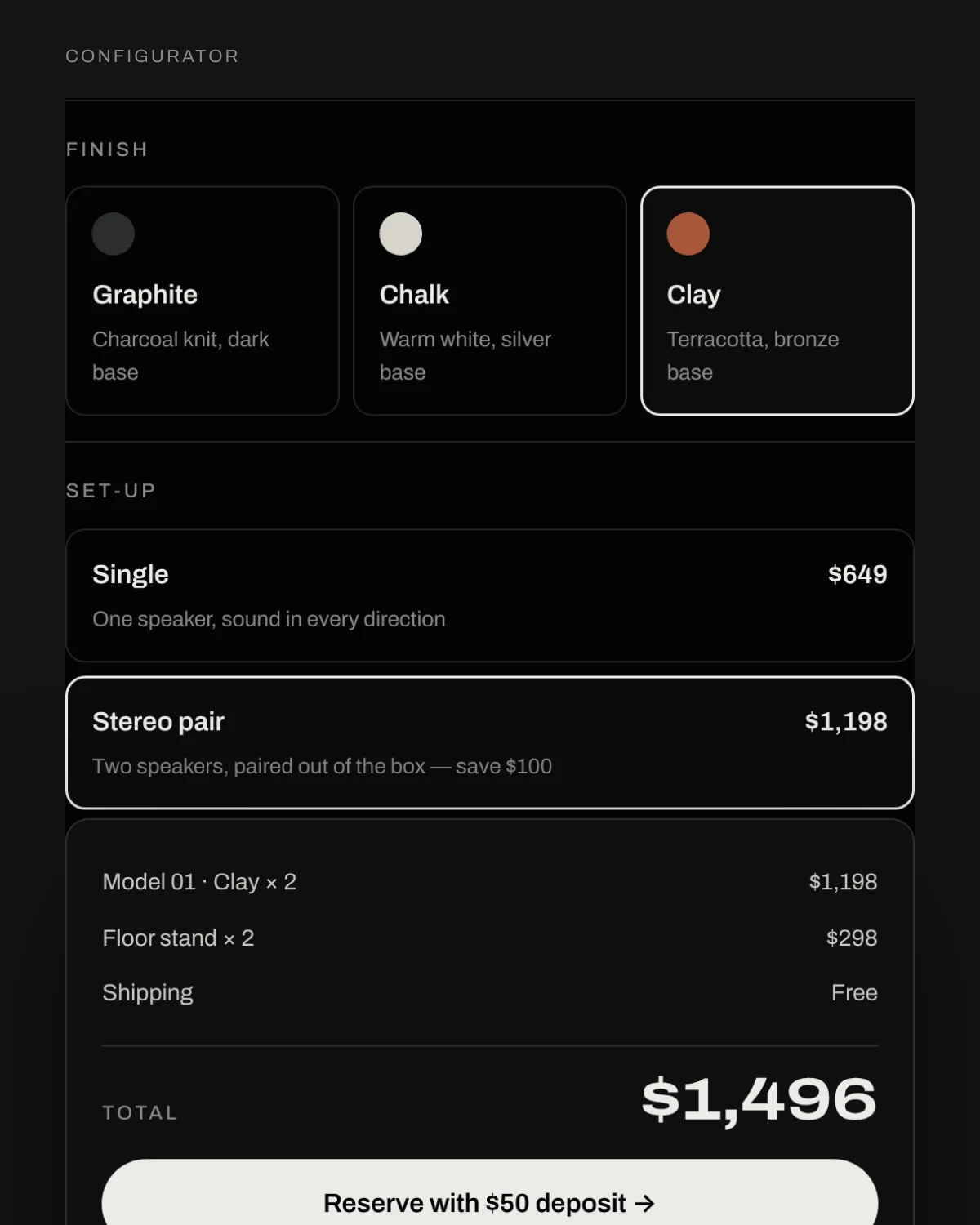 The Plinth configurator: finish cards with Clay chosen, a stereo pair, and a $1,496 total