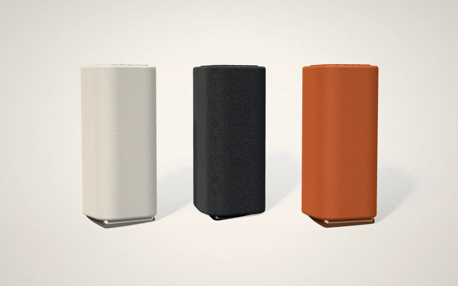3D render of the speaker in Chalk, Graphite, and Clay side by side