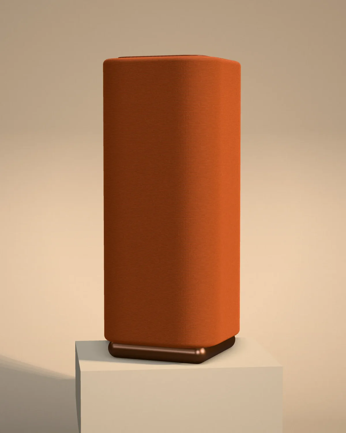 3D render of a clay speaker on a travertine block in warm light
