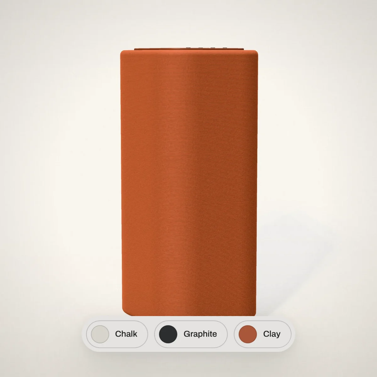The clay speaker above the finish swatches Chalk, Graphite, and Clay