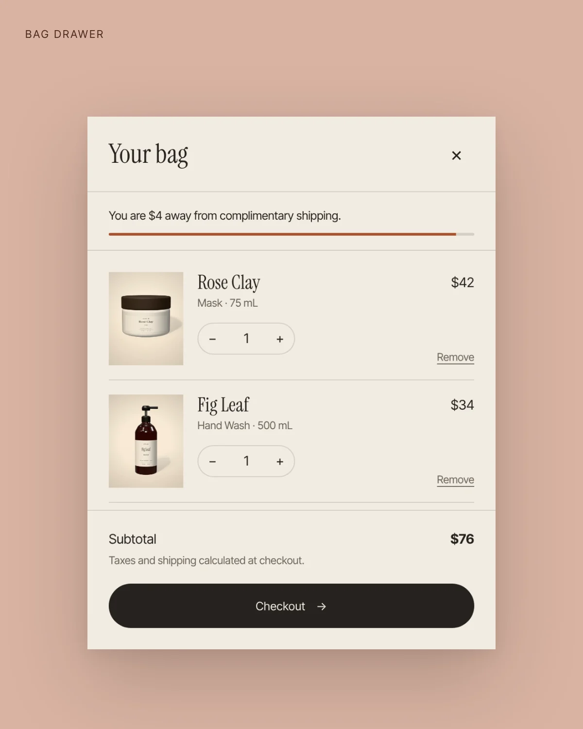 The Veld bag drawer with two products, a free-shipping progress bar, and checkout