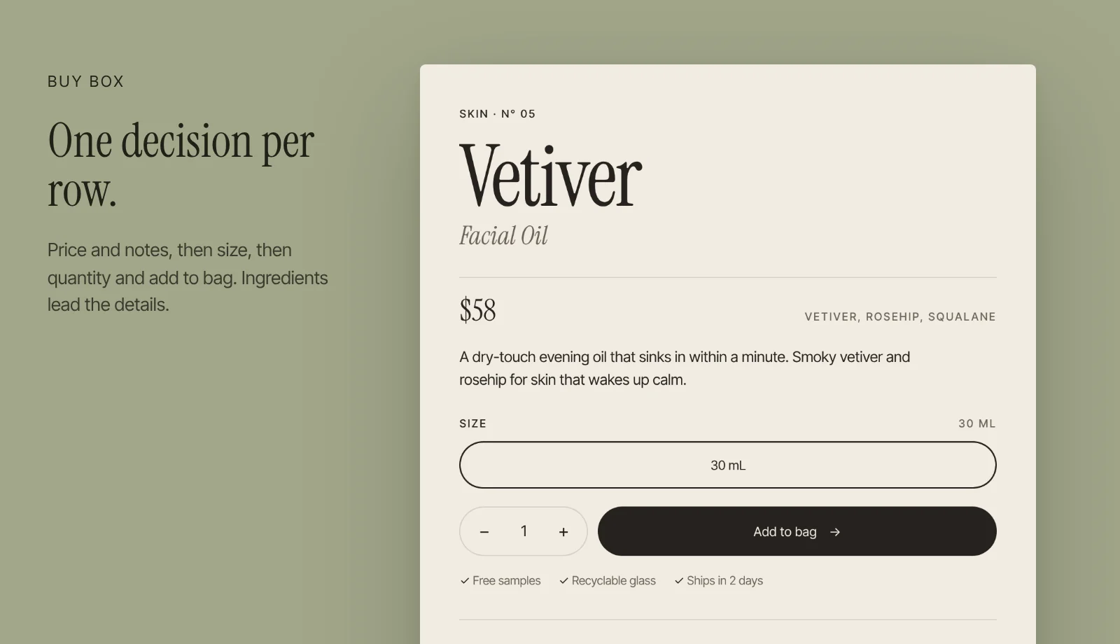 The Veld buy box: price, notes, size, quantity, and add to bag, on sage
