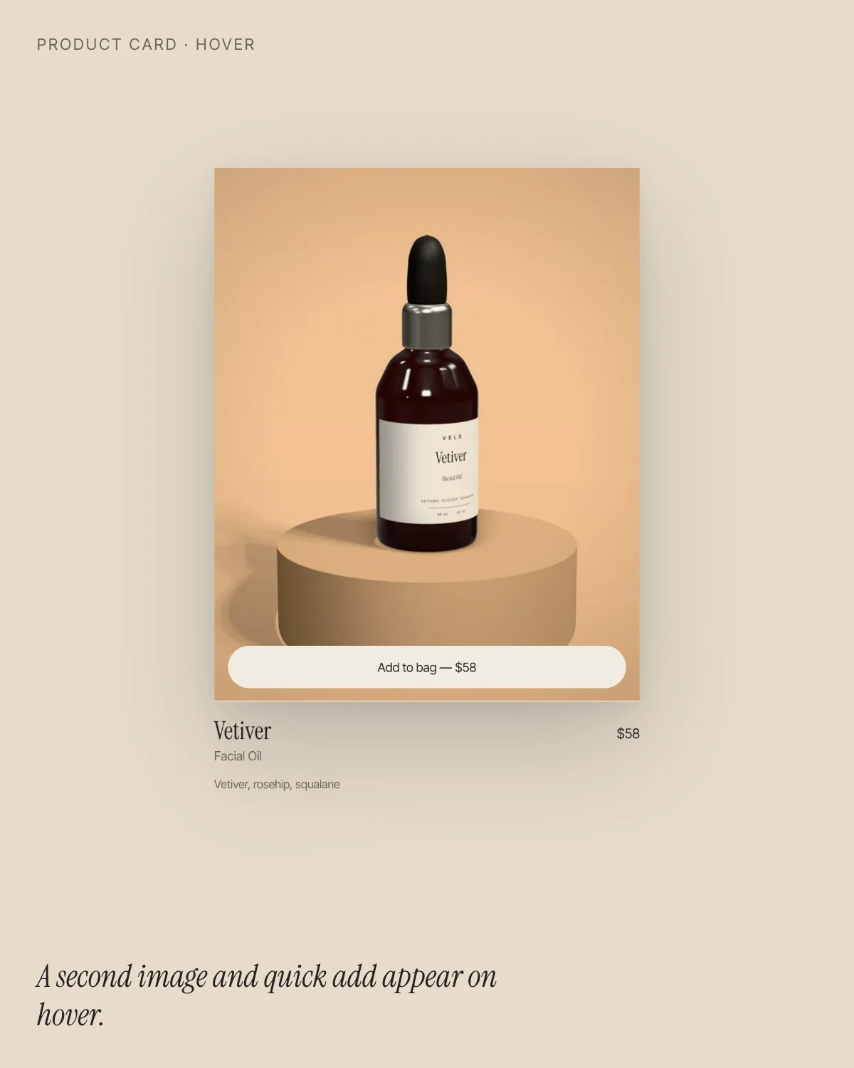 A Veld product card for Vetiver facial oil on sand, showing its hover image and quick add button