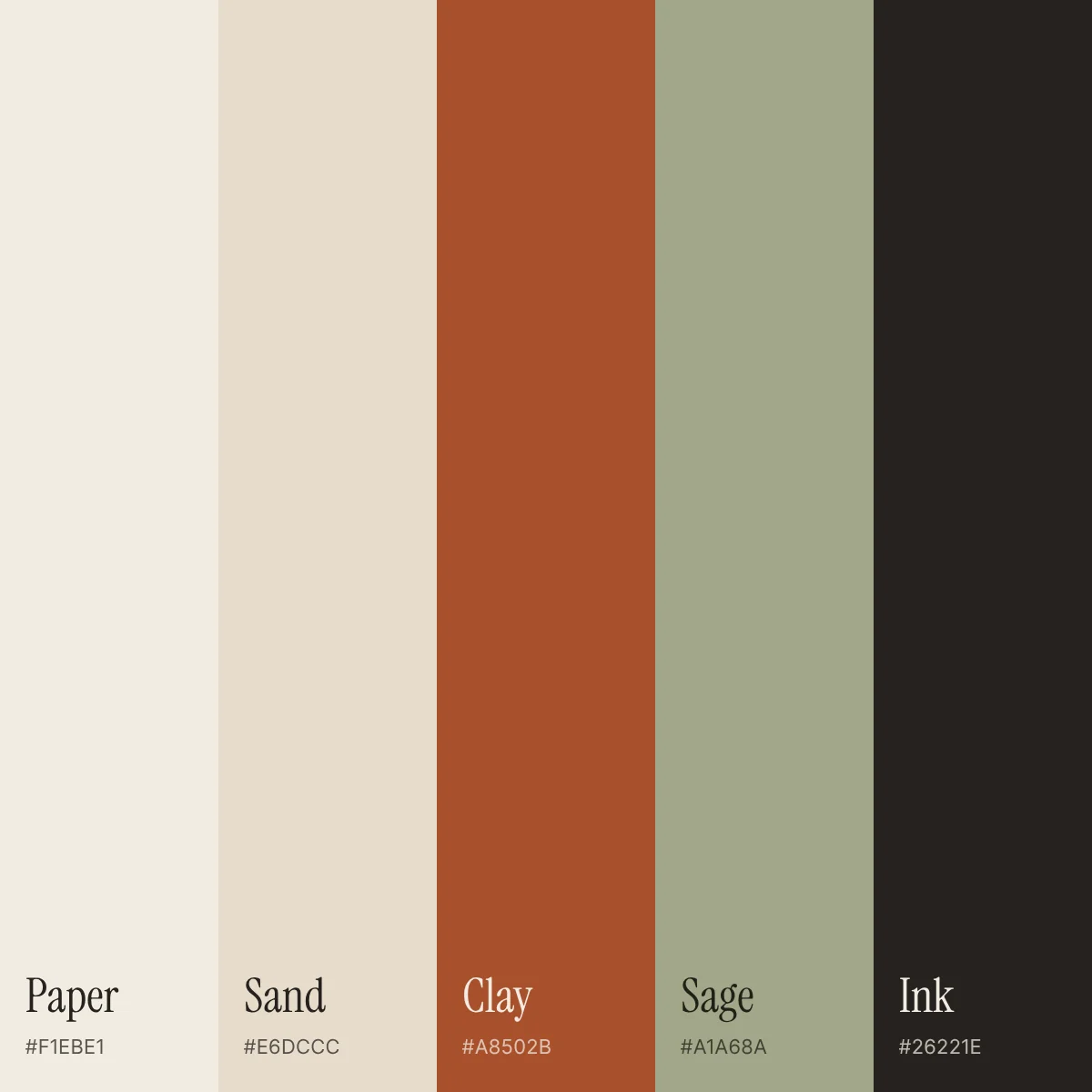 Veld colours: paper, sand, clay, sage, and ink