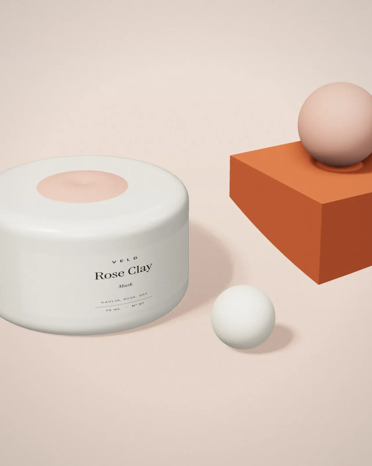 3D render of an open jar of Rose Clay mask beside a terracotta block