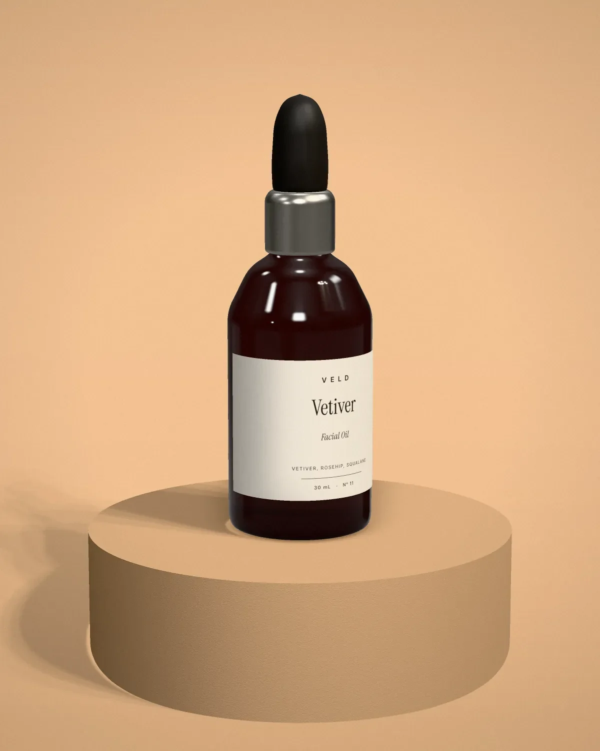 3D render of the Vetiver facial oil on a stone plinth against a warm wall