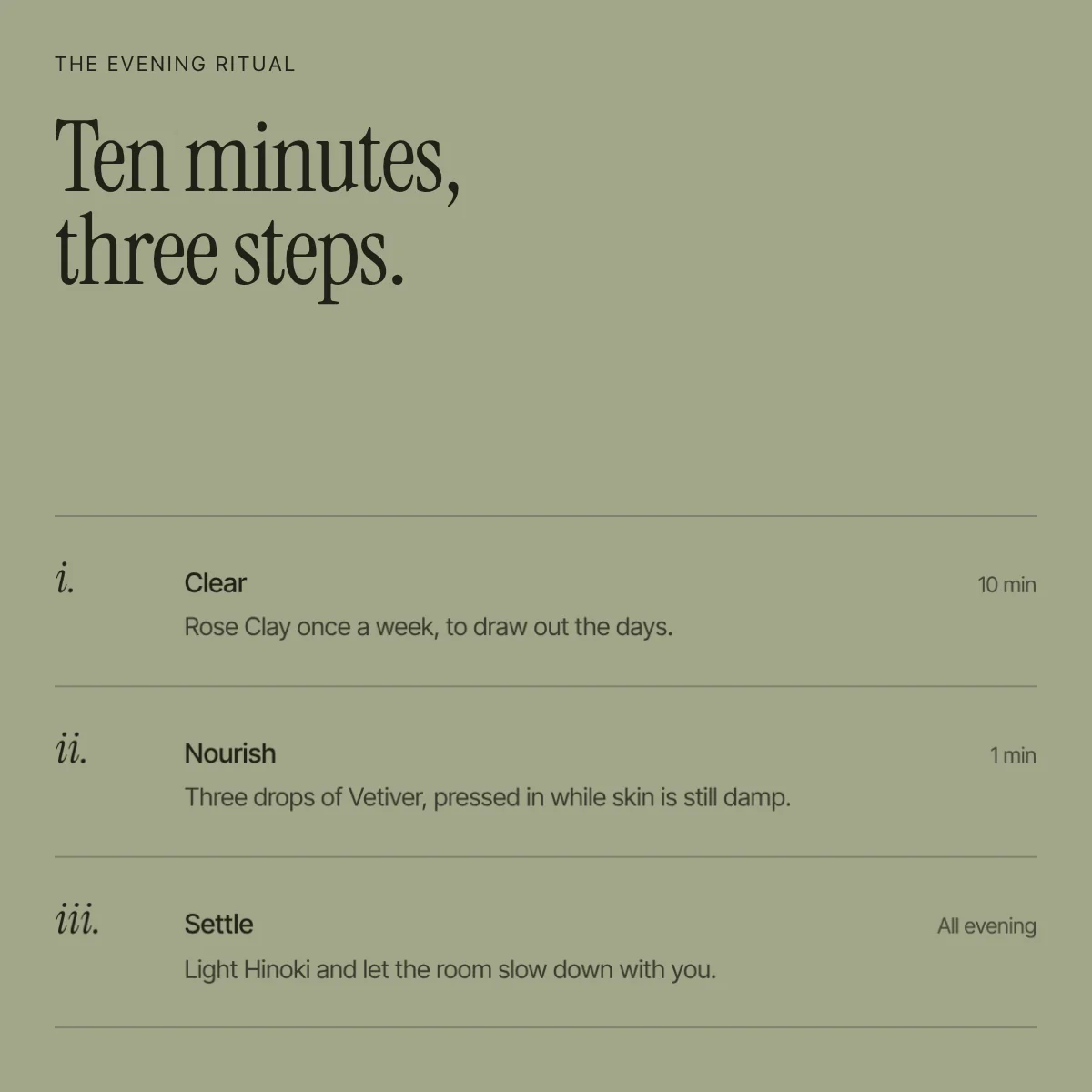 The evening ritual component: three numbered steps with timings, on sage