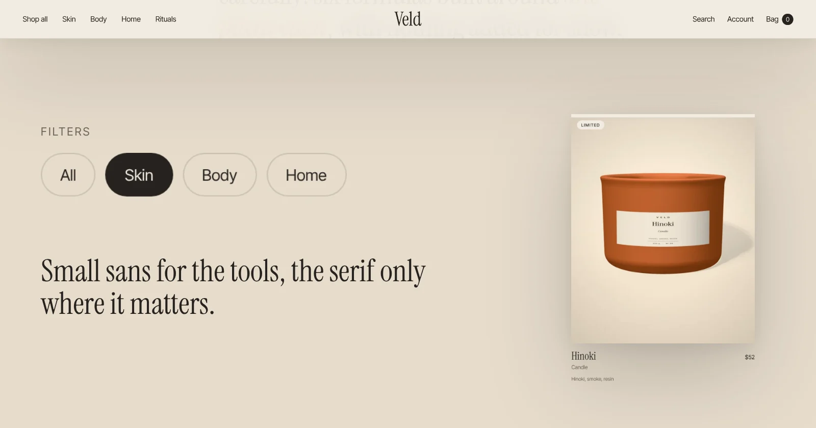 Veld’s navigation, category filters, and a product card on sand